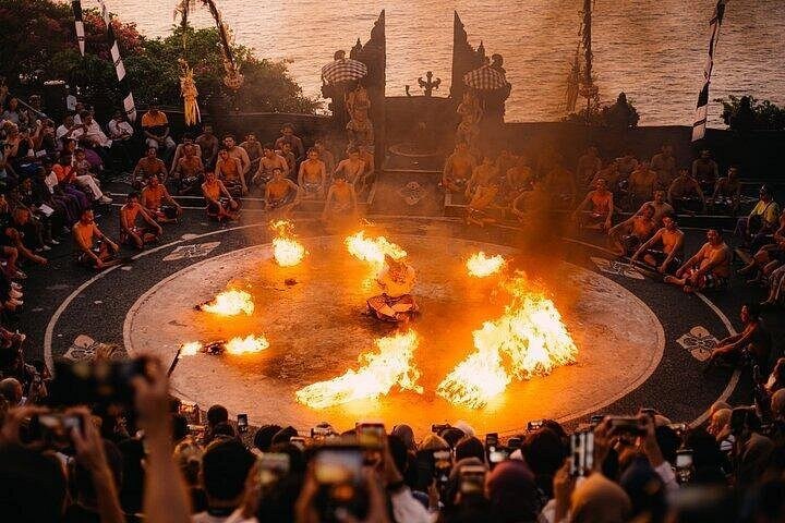 The Kecak and Fire Dance, with the fire ring lit in the clifftop amphitheatre