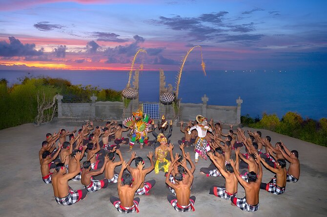 The Kecak chorus seated in concentric rings around the stage at sunset